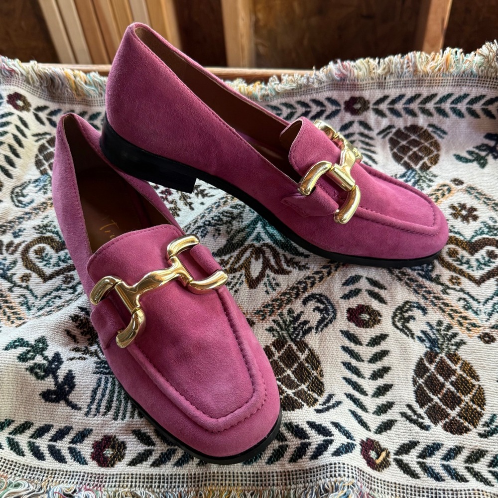 Diba True "About It" Suede Loafers Size 7 Magenta Pink Excellent Horsebit Buckle